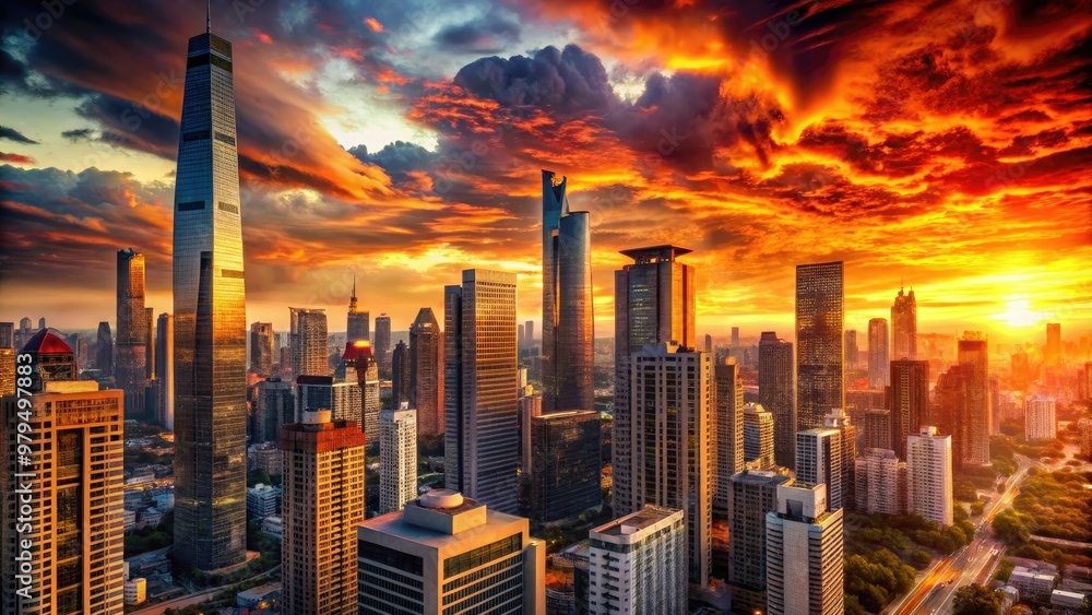 Obraz premium dramatic abstract fiery red orange sunset cityscape geometric shapes urban modern