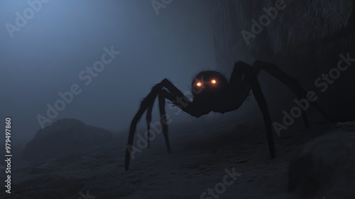 Creepy, horror, giant spider, darkness, volumetric lighting, epic details, hyper detail, 8K photo