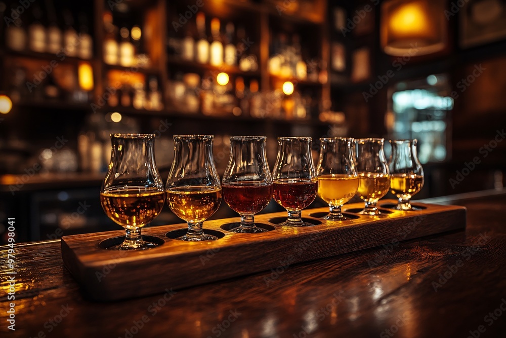 Whiskey Tasting Flight On Wooden Tray Whiskey Tasting Flight On Wooden Tray
