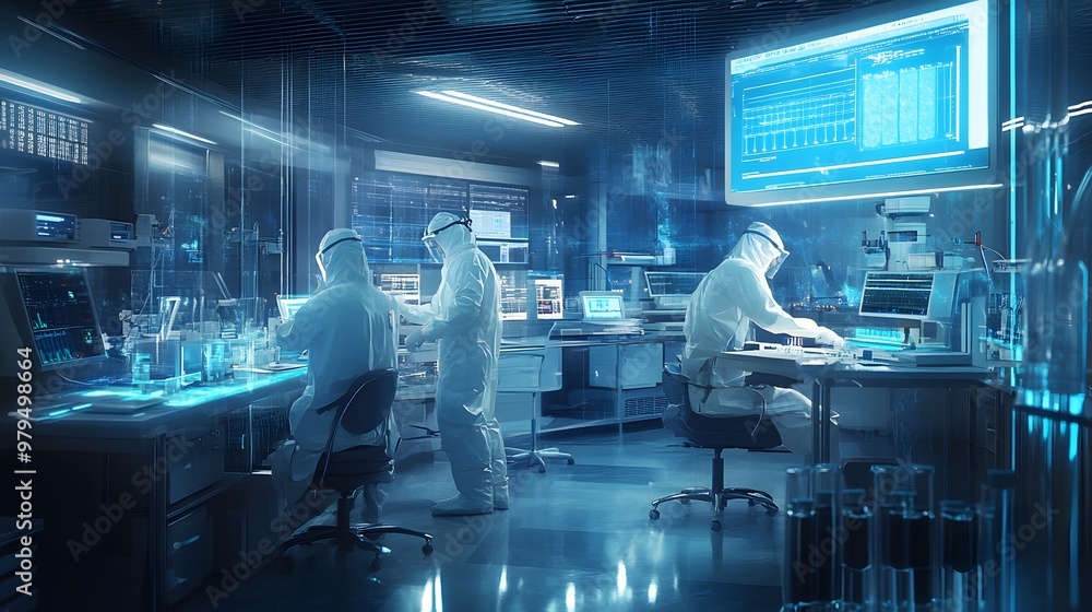 Scientists in Hazmat Suits Working in a Futuristic Laboratory Scientists in Hazmat Suits Working in a Futuristic Laboratory