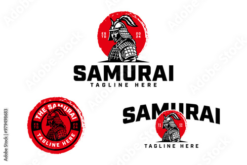 samurai, ronin, ninja, warrior with helmet, armor and red sun moon background logo design illustration collection with retro and badge style for gaming, sport club mascot and merchandise designs