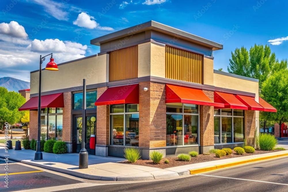 A modern fast food sandwich chain restaurant with distinctive signage and architecture stands along a sunny Utah street on a warm summer day. A modern fast food sandwich chain restaurant with distinctive signage and architecture stands along a sunny Utah street on a warm summer day.