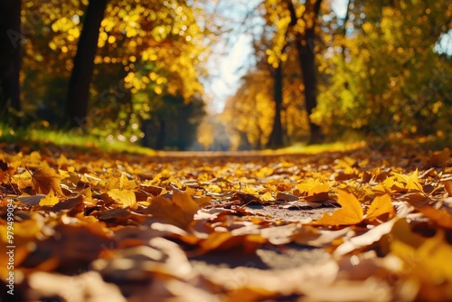 A forest path blanketed in autumn leaves