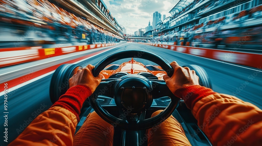 Naklejka premium Race car driver driving fast on blurred racetrack