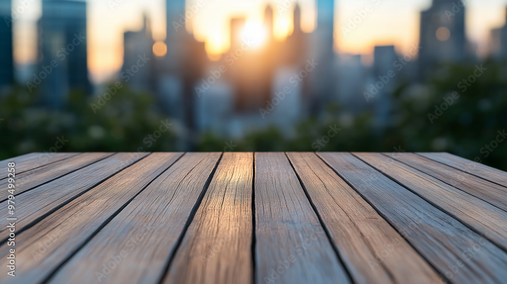 A wooden table with a city skyline in the background A wooden table with a city skyline in the background