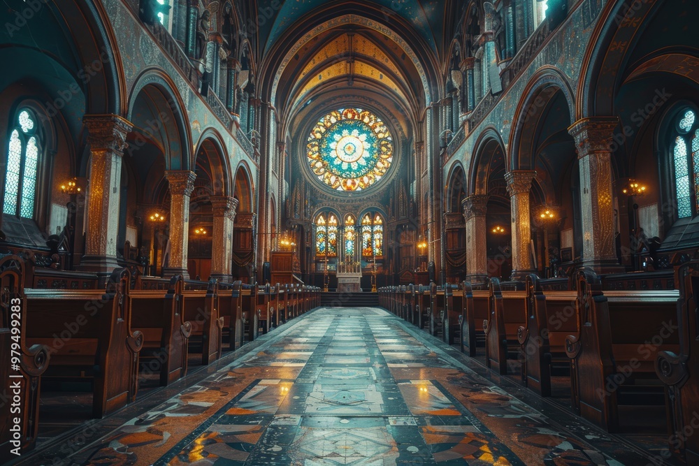 The grand interior of a historic and intricately decorated cathedral featuring stunning stained glass windows and an elegant aisle leading to an ornate altar The grand interior of a historic and intricately decorated cathedral featuring stunning stained glass windows and an elegant aisle leading to an ornate altar