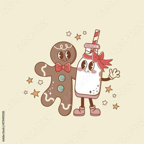 Cute Christmas illustration retro style ginger biscuit with milk bottle
