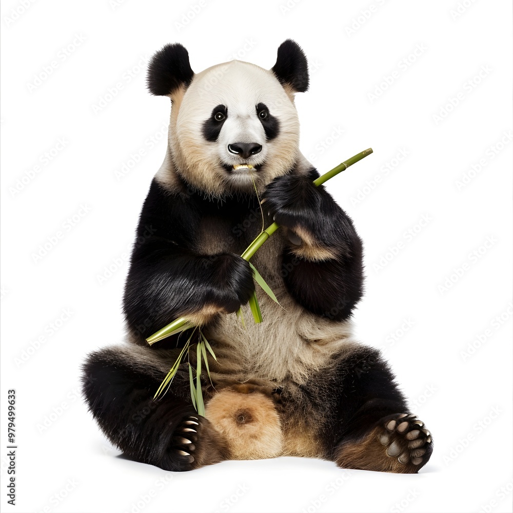 Fototapeta premium Full-Body Shot of a Panda Sitting Upright, Holding Bamboo with Both Paws