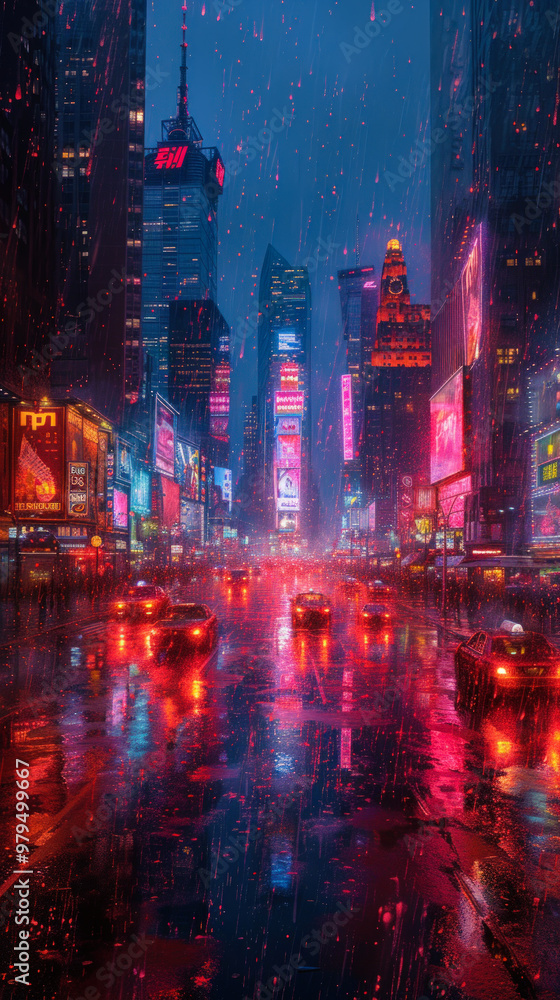 Fototapeta premium Rainy neon-lit city street at night 