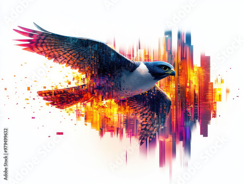 A striking digital artwork of a soaring eagle over a vibrant city skyline, blending nature and urban life in a captivating way. photo