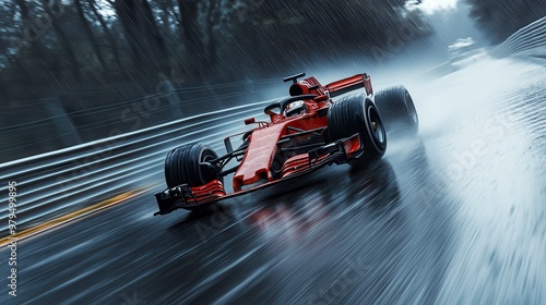 Red formula one car speeding on wet track during heavy rain