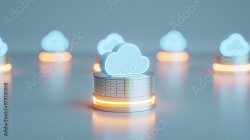 Futuristic cloud technology representing data storage and management with glowing elements and minimalistic design.