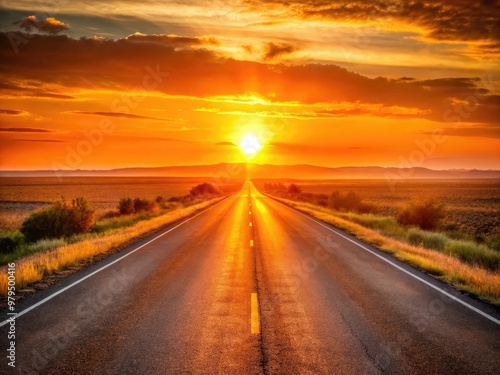 Glowing orange sunrise casting long shadows on endless deserted road stretching into white horizon evoking peaceful morning serenity