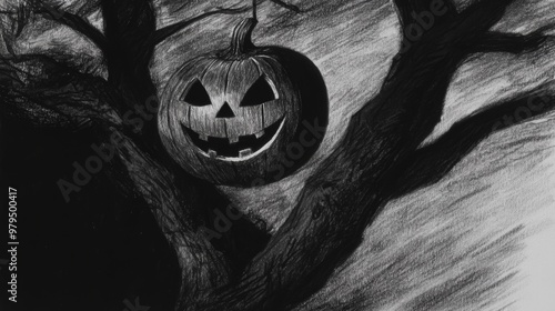 Sinister Jack-O'-Lantern Illustration, Evoking a Haunting and Creepy Halloween Mood photo