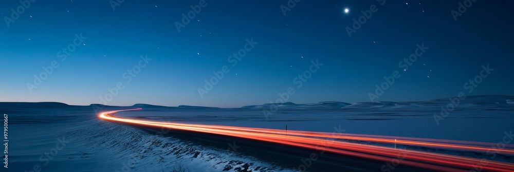 In the moonlight, a winding road illuminated by cars illuminates the asphalt. Steep mountain ranges and clouds are visible in the distance. In the moonlight, a winding road illuminated by cars illuminates the asphalt. Steep mountain ranges and clouds are visible in the distance.