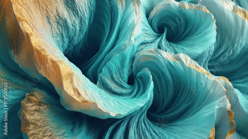 Abstract teal and gold swirling texture design with dynamic, flowing wave patterns