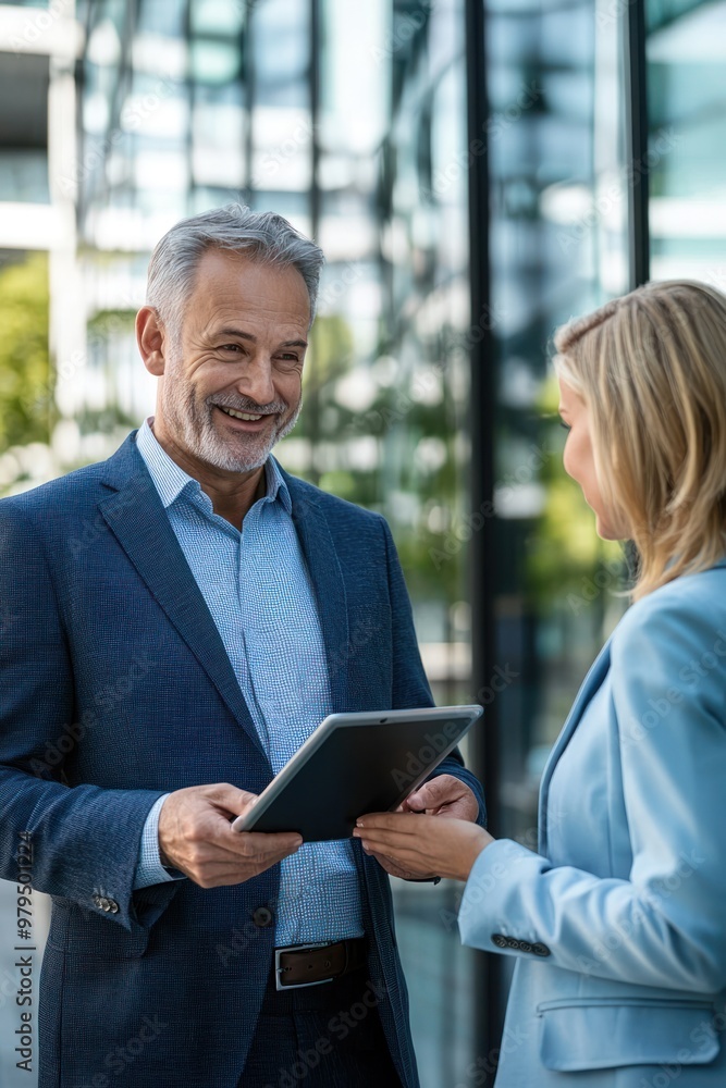 Two business people standing in front of an office building, looking at the tablet screen together and smiling. A man with gray hair wearing a blue suit is pointing to something on his digital device Two business people standing in front of an office building, looking at the tablet screen together and smiling. A man with gray hair wearing a blue suit is pointing to something on his digital device