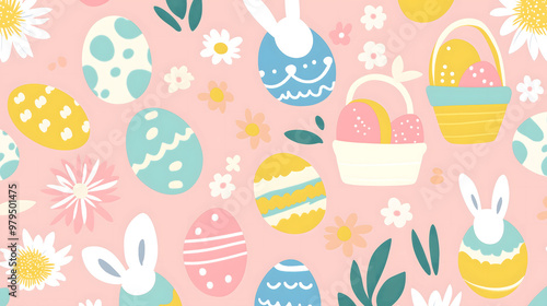 Easter 2D Vector Pattern elements Easter theme featuring repeating elements like Easter eggs bunnies flowers and baskets