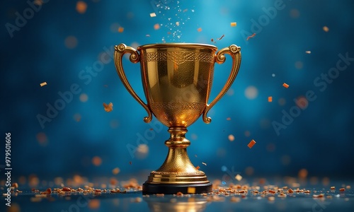 Golden trophy cup, vibrant blue background, confetti rain