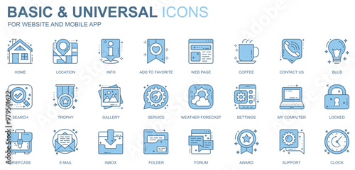 Basic and universal web icons set in duotone line design. Pack of home, location, info, add to favorite, webpage, coffee, contact, search, gallery, other outline stroke pictograms. Vector illustration