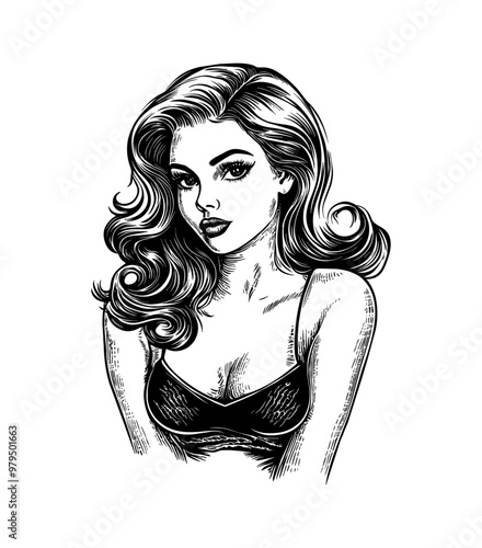 elegant beautiful woman engraving black and white outline