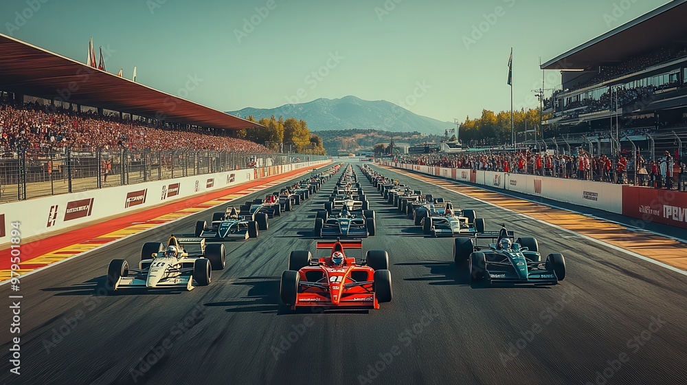 Naklejka premium Formula one race cars lining up at starting grid of race track