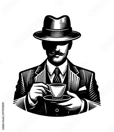 man wear suit and hat drink coffee engraving black and white outline