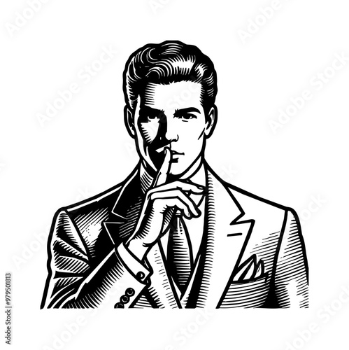 man wear suit and do silence hand gesture engraving black and white outline