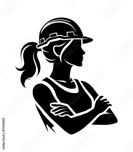woman worker helm silhouette engraving black and white outline