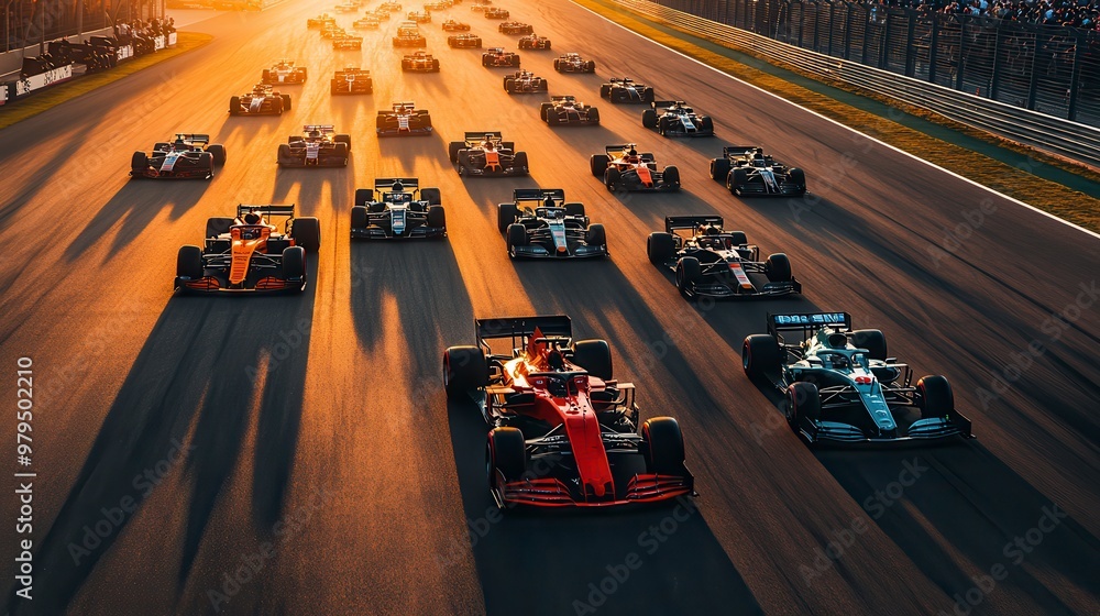 Obraz premium Formula 1 racing cars preparing for start of race at sunset