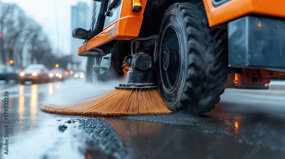 Close-up of a street sweeping machine in action on a wet road with blurred city traffic in the background. The rotating brush is cleaning the street surface, with visible steam. Close-up of a street sweeping machine in action on a wet road with blurred city traffic in the background. The rotating brush is cleaning the street surface, with visible steam.