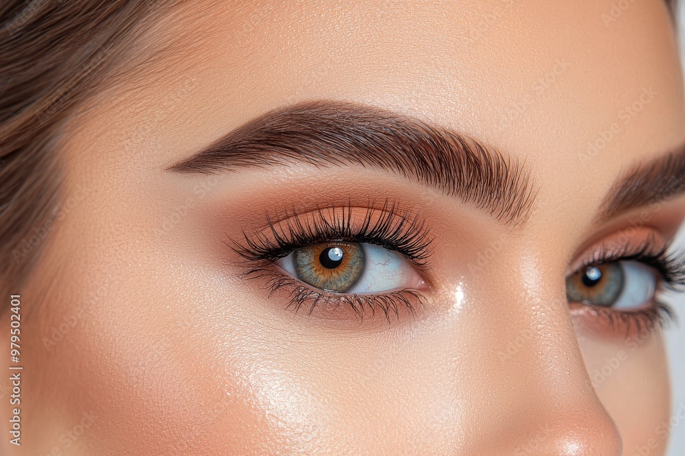 Obraz premium A close-up of a beautiful, clear female face with attractive gray eyes, perfect eyebrows and natural lashes. Concept of makeup, cosmetics, natural beauty, skin care.