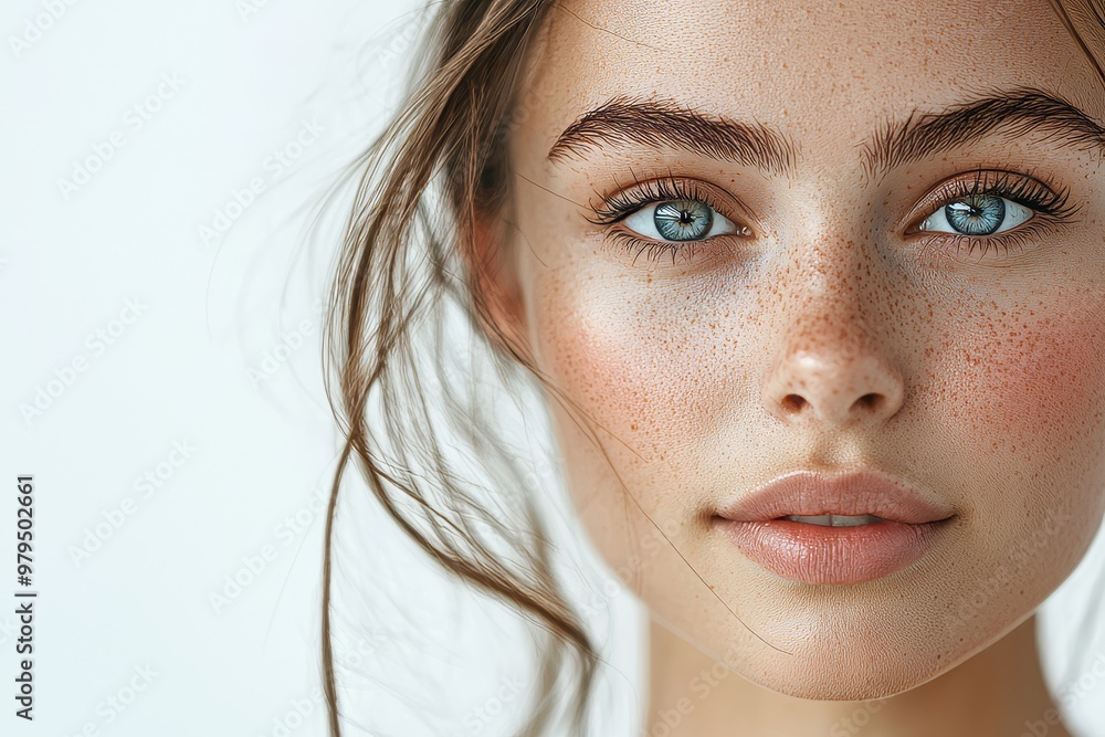 Isolated on white background, a beautiful young woman has a clear, smooth, spotless complexion with nude makeup. The concept is beauty, plastic surgery, facelifting, bodybuilding. Isolated on white background, a beautiful young woman has a clear, smooth, spotless complexion with nude makeup. The concept is beauty, plastic surgery, facelifting, bodybuilding.