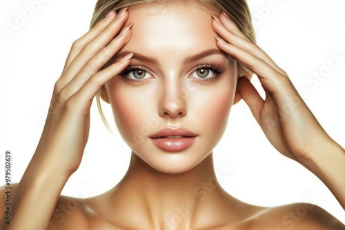 Isolated portrait of an attractive young woman with a clear and perfect face on a white studio background. Concept of natural beauty, plastic surgery, facelift, face building, and skin care.