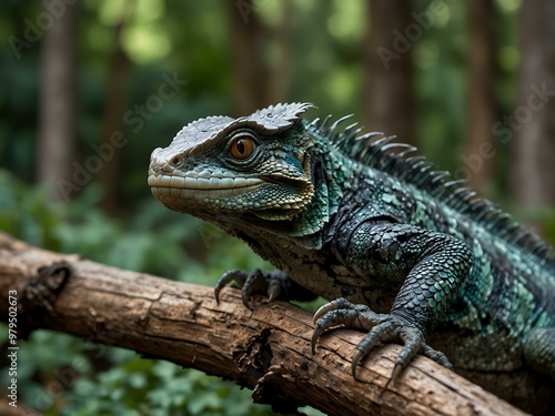 Basilisk ready to attack on an old wooden branch.