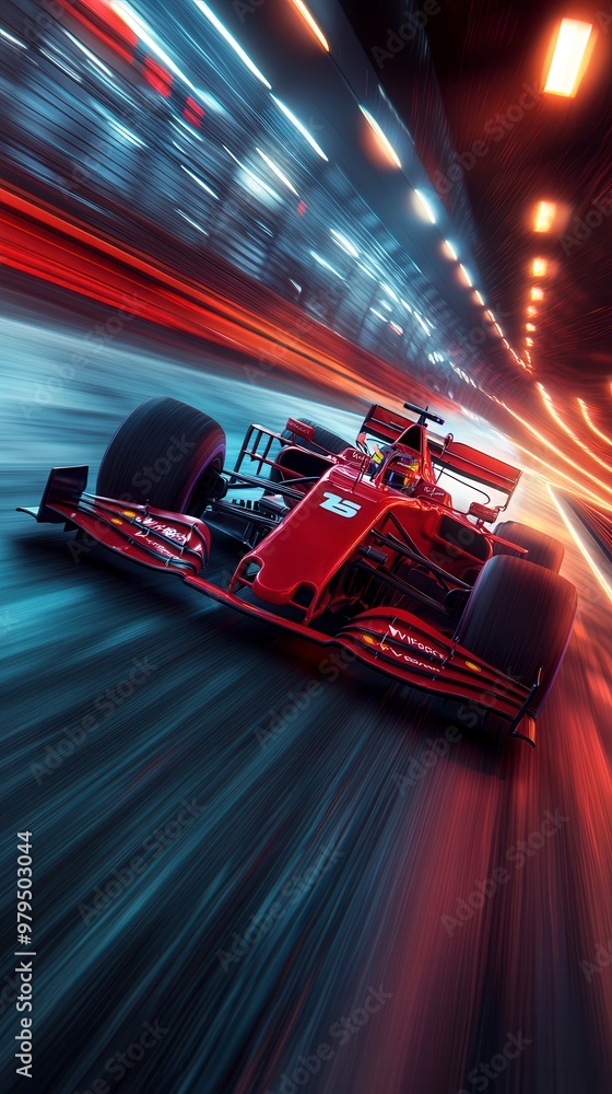 Obraz premium Red formula one car speeding in city at night