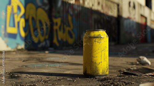 A solitary yellow can rests on a gritty urban floor, surrounded by colorful graffiti.