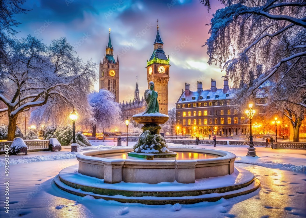 Obraz premium serene winter wonderland at Parliament Square with snow-covered statues, frozen fountain, and vibrant pops of color