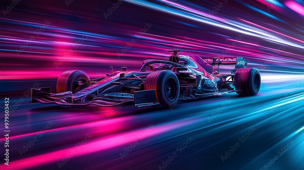 Formula one car speeding on neon illuminated track at night Formula one car speeding on neon illuminated track at night