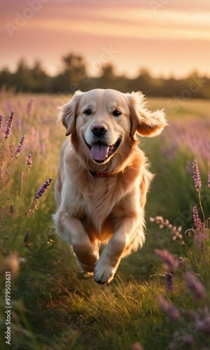 golden retriever running in meadow during sunset