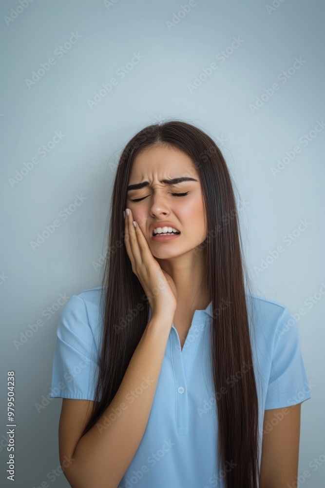 A woman is experiencing tooth pain shirt blue long. A woman is experiencing tooth pain shirt blue long.