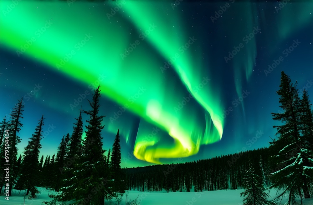 Green and blue Northern lights (Aurora borealis) in the sky. Night ...