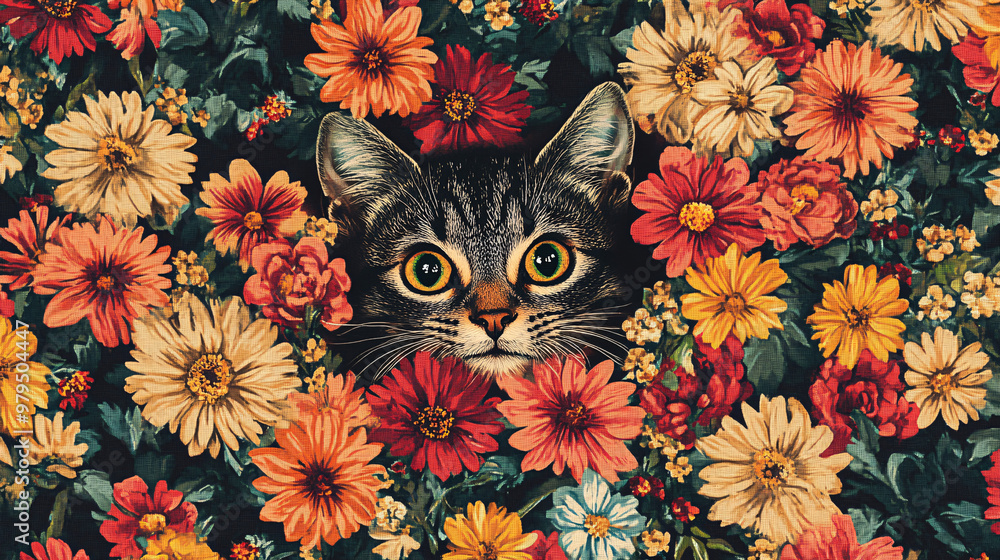Curious cat peeking out from behind vibrant colorful flowers, wide-eyed feline surrounded by blooming petals in a whimsical nature scene Curious cat peeking out from behind vibrant colorful flowers, wide-eyed feline surrounded by blooming petals in a whimsical nature scene