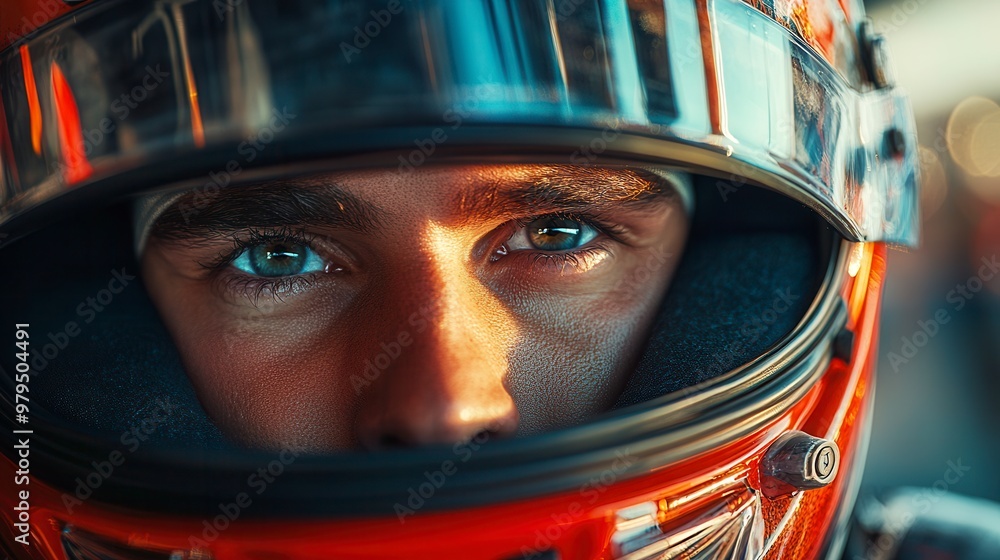 Formula one driver with helmet looking determinedly Formula one driver with helmet looking determinedly