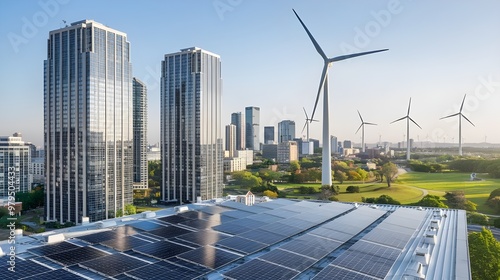 Solar panels and wind turbines on a building roof, showcasing renewable energy solutions for sustainable living