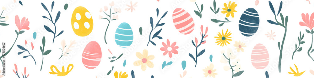 Easter 2D Vector Pattern elements Easter theme featuring repeating elements like Easter eggs bunnies flowers and baskets Easter 2D Vector Pattern elements Easter theme featuring repeating elements like Easter eggs bunnies flowers and baskets