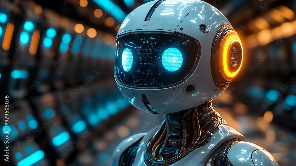A futuristic robot with glowing blue eyes and orange accents. A futuristic robot with glowing blue eyes and orange accents.
