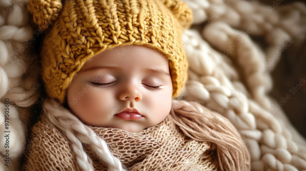 Adorable baby bundled up in a hat and scarf, resting on a soft bed, with yarn scattered around, creating a charming moment. Adorable baby bundled up in a hat and scarf, resting on a soft bed, with yarn scattered around, creating a charming moment.