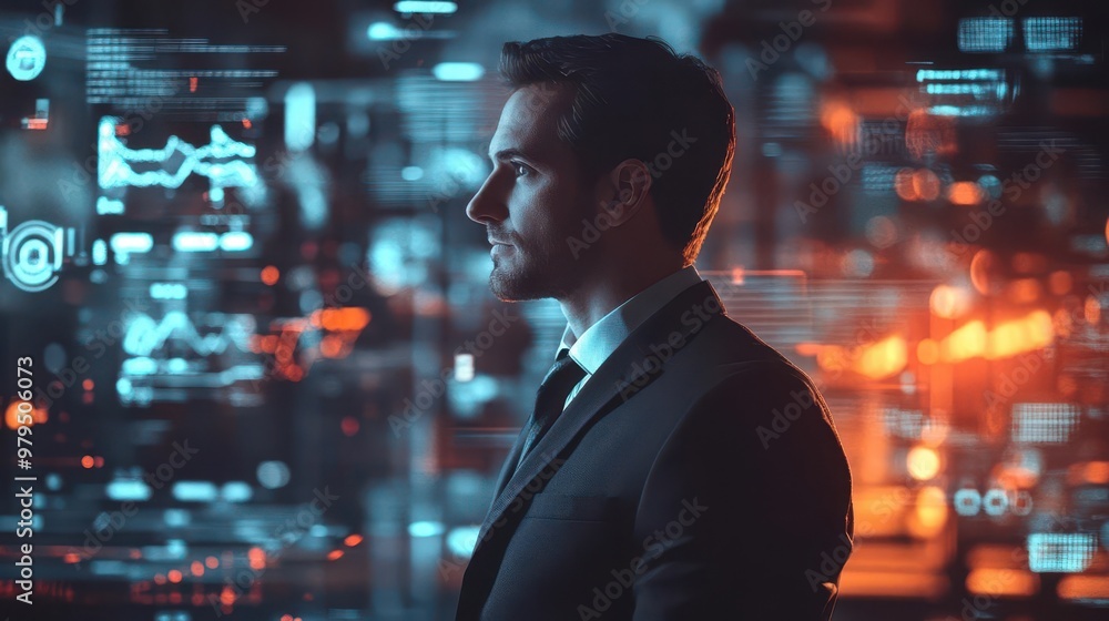confident executive in tailored suit surrounded by holographic data displays futuristic office setting warm professional lighting confident executive in tailored suit surrounded by holographic data displays futuristic office setting warm professional lighting