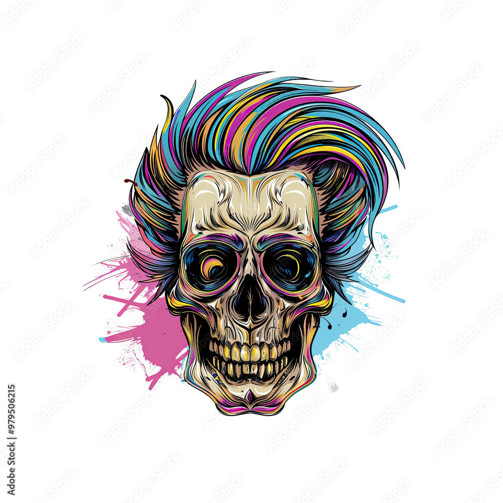 Fototapeta premium Colorful Skull with Spiky Hair and Paint Splatter Background